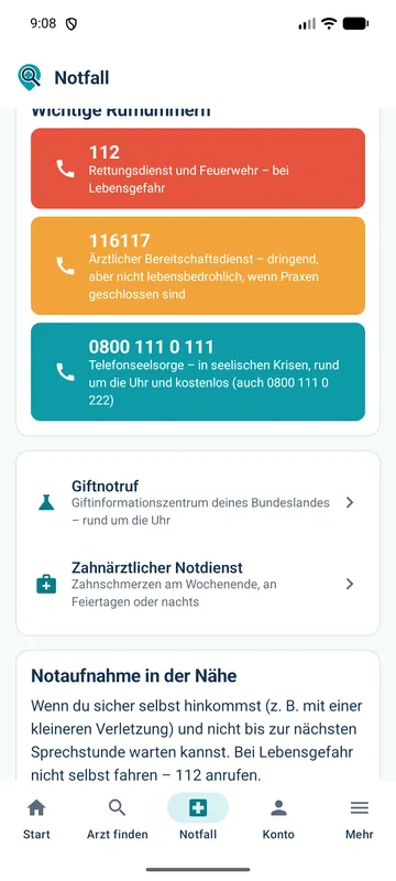 Notfall-Bereich mit Rufnummern 112, 116117 und Telefonseelsorge