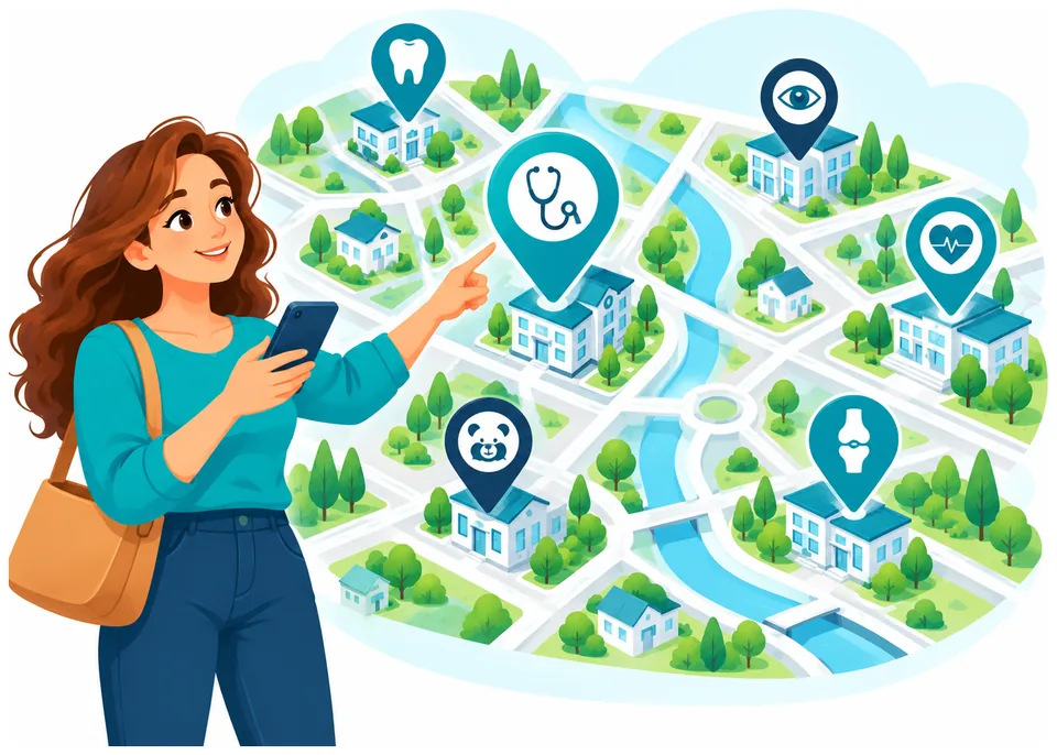 Illustration: Eine Frau mit Smartphone zeigt auf eine Stadtkarte mit Praxis-Markierungen für verschiedene Fachrichtungen – Zahnarzt, Augenarzt, Hausarzt, Kardiologie, Kinderarzt und Orthopädie.