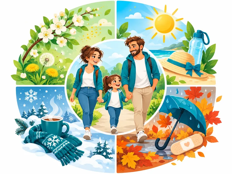 Illustration: Eine Familie geht fröhlich spazieren, umgeben von Symbolen der vier Jahreszeiten – Blüten, Sonne, Herbstlaub mit Regenschirm und Pflaster, Schnee mit Schal und Tee.