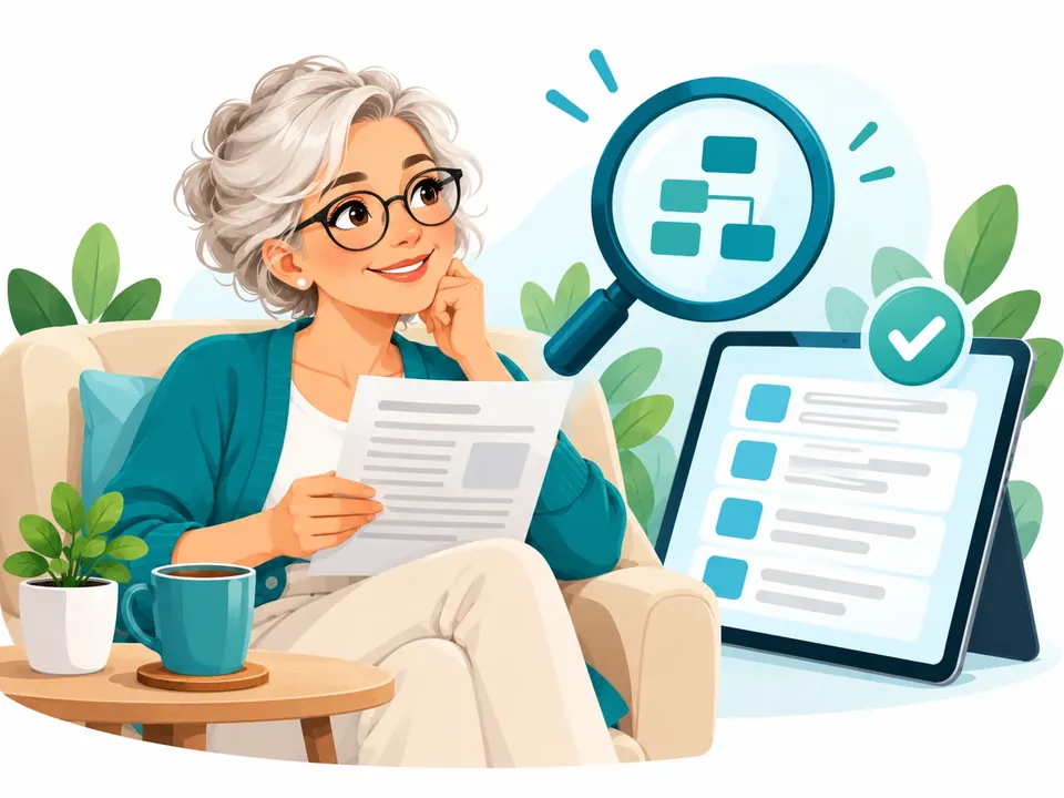 Illustration: Eine ältere Frau mit Brille liest im Sessel einen Arztbrief, daneben eine Lupe und ein Tablet mit einer übersichtlichen Liste.